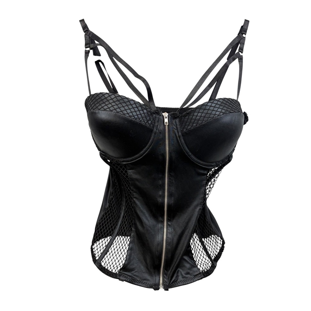 BodyRage Black Faux Leather Fishnet Corset Bustier Caged Gothic Festival Large
